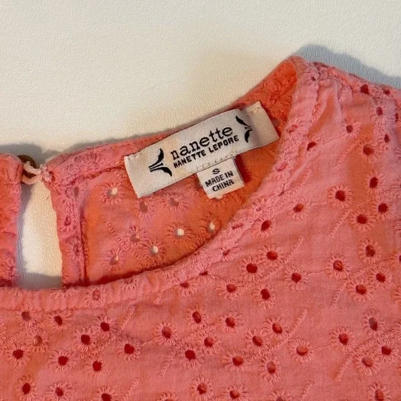 Nanette Lepore Eyelet Blouse Womens S Coral Pink Puff Sleeve Peplum Top - Picture 4 of 6